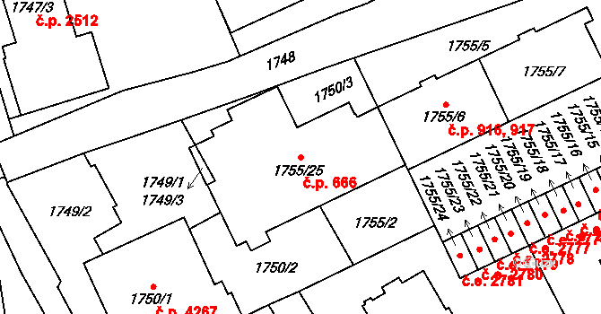 Jihlava 666 na parcele st. 1755/25 v KÚ Jihlava, Katastrální mapa