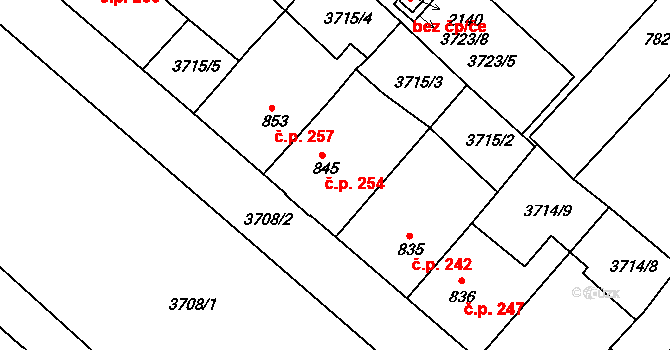 Telč-Podolí 254, Telč na parcele st. 845 v KÚ Telč, Katastrální mapa