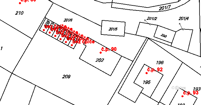Špičky 90 na parcele st. 202 v KÚ Špičky, Katastrální mapa