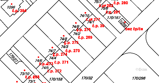 Brandýsek 269 na parcele st. 74/2 v KÚ Brandýsek, Katastrální mapa
