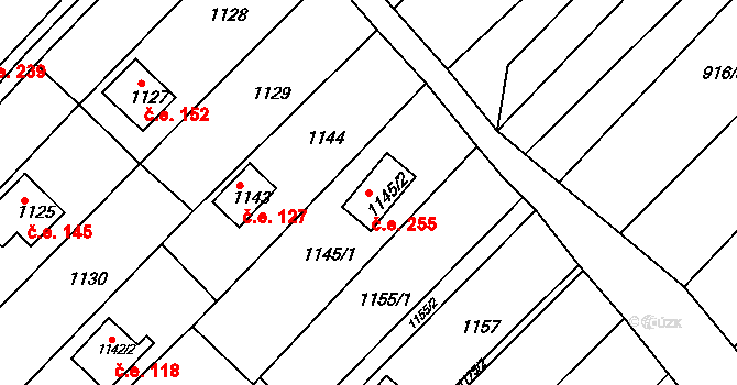 Popůvky 255 na parcele st. 1145/2 v KÚ Popůvky u Brna, Katastrální mapa