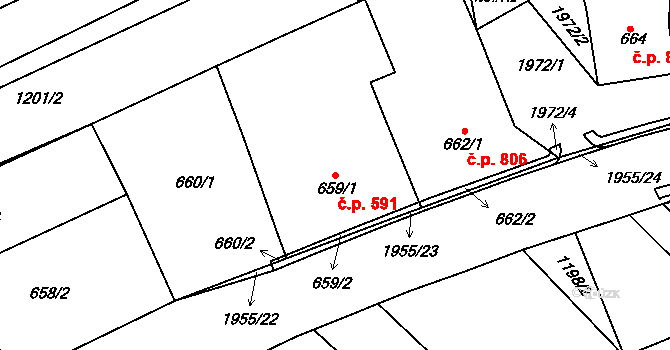 Mistřín 591, Svatobořice-Mistřín na parcele st. 659/1 v KÚ Mistřín, Katastrální mapa