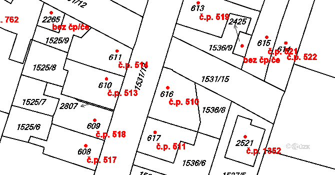 Třebechovice pod Orebem 510 na parcele st. 616 v KÚ Třebechovice pod Orebem, Katastrální mapa