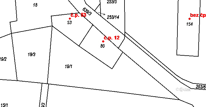 Černěves 12 na parcele st. 80 v KÚ Černěves, Katastrální mapa