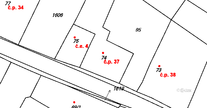 Chcebuz 37, Štětí na parcele st. 74 v KÚ Chcebuz, Katastrální mapa