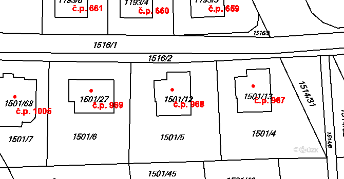Jilemnice 968 na parcele st. 1501/12 v KÚ Jilemnice, Katastrální mapa