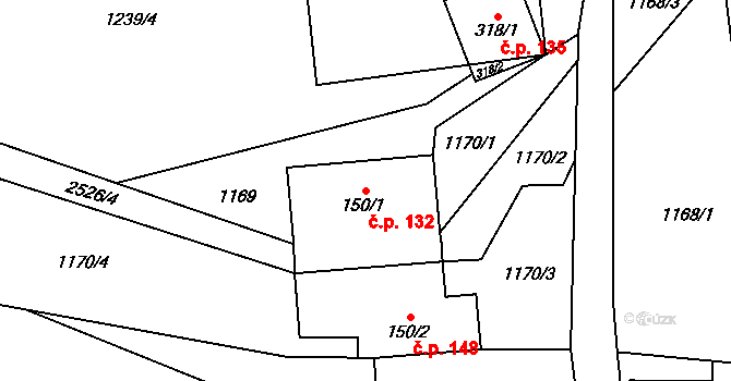 Horní Třešňovec 132 na parcele st. 150/1 v KÚ Horní Třešňovec, Katastrální mapa