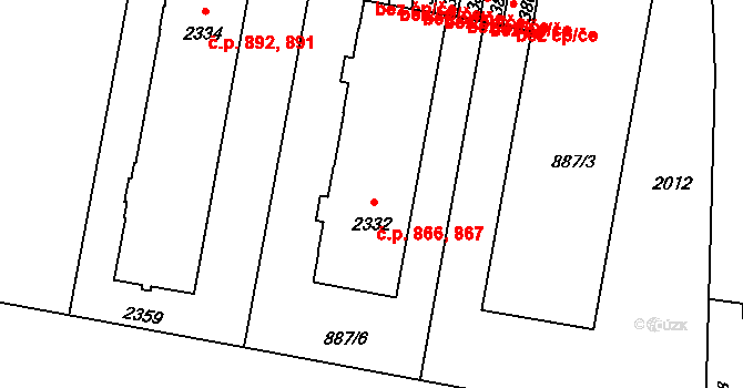Horka-Domky 866,867, Třebíč na parcele st. 2332 v KÚ Třebíč, Katastrální mapa