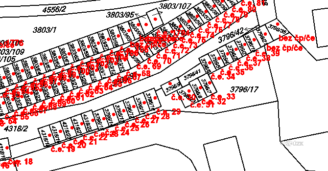 Teplice 30 na parcele st. 3796/9 v KÚ Teplice, Katastrální mapa