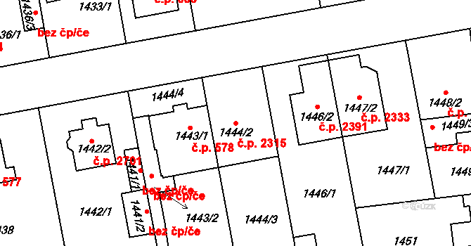 Horní Počernice 2315, Praha na parcele st. 1444/2 v KÚ Horní Počernice, Katastrální mapa