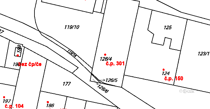 Bohnice 301, Praha na parcele st. 126/4 v KÚ Bohnice, Katastrální mapa