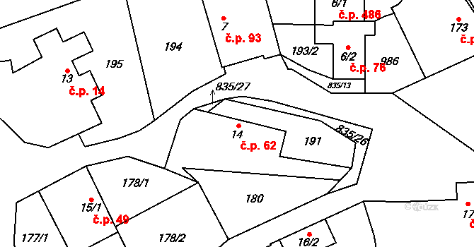 Stará Huť 62 na parcele st. 14 v KÚ Stará Huť, Katastrální mapa