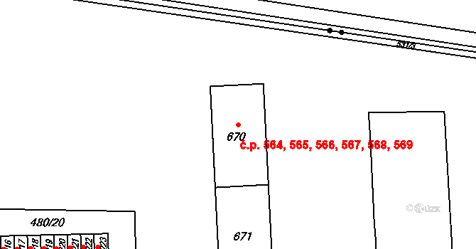 Neředín 564,565,566,567,568,, Olomouc na parcele st. 670 v KÚ Neředín, Katastrální mapa