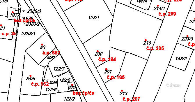 Rosice 184 na parcele st. 200 v KÚ Rosice u Brna, Katastrální mapa