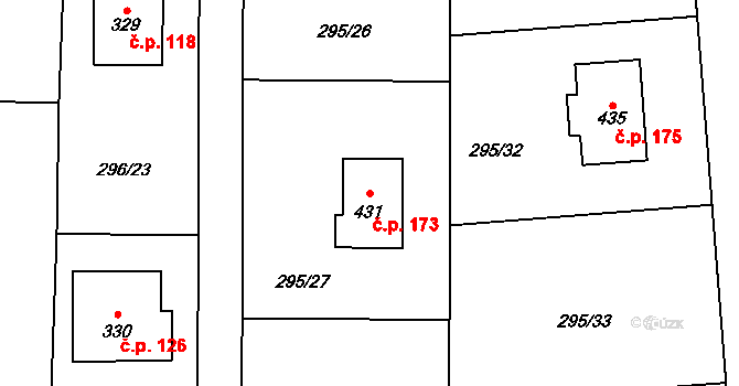 Lhota 173 na parcele st. 431 v KÚ Lhota u Dřís, Katastrální mapa
