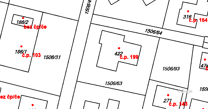 Olbramovice Ves 199, Olbramovice na parcele st. 422 v KÚ Olbramovice u Votic, Katastrální mapa