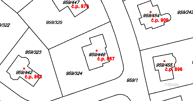 Průhonice 867 na parcele st. 959/446 v KÚ Průhonice, Katastrální mapa