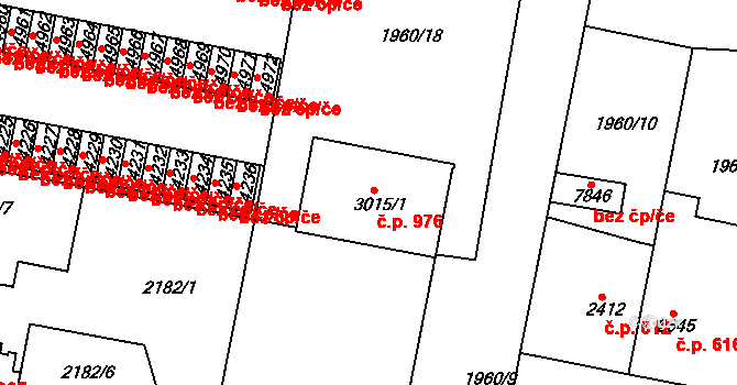 Borovina 976, Třebíč na parcele st. 3015/1 v KÚ Třebíč, Katastrální mapa