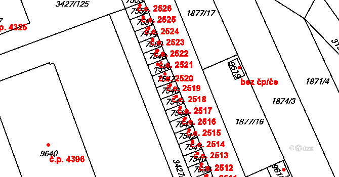 Hodonín 2518 na parcele st. 7546 v KÚ Hodonín, Katastrální mapa
