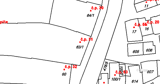 Sazovice 31 na parcele st. 63/1 v KÚ Sazovice, Katastrální mapa
