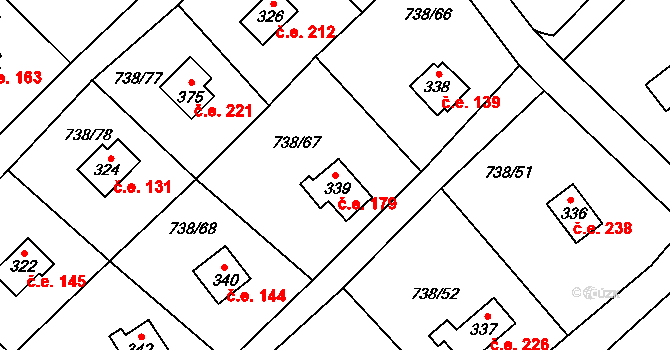 Vlkančice 179 na parcele st. 339 v KÚ Vlkančice, Katastrální mapa