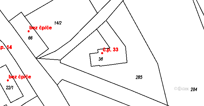 Trnčí 33, Ježovy na parcele st. 36 v KÚ Trnčí, Katastrální mapa