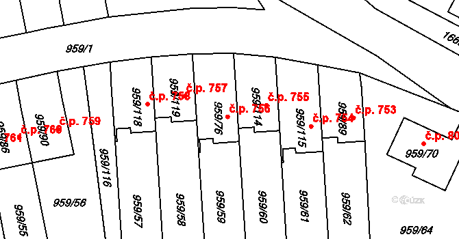 Hronov 756 na parcele st. 959/76 v KÚ Hronov, Katastrální mapa