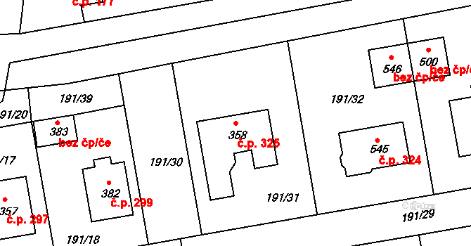 Břehy 325 na parcele st. 358 v KÚ Břehy, Katastrální mapa