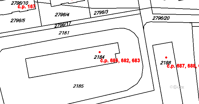 Mohelnice 682,683,686 na parcele st. 2184 v KÚ Mohelnice, Katastrální mapa