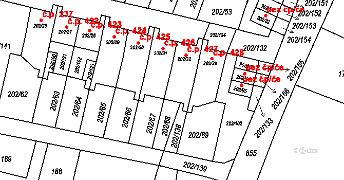 Hevlín 427 na parcele st. 202/32 v KÚ Hevlín, Katastrální mapa