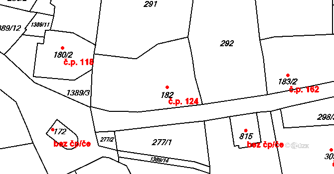 Vranov nad Dyjí 124 na parcele st. 182 v KÚ Vranov nad Dyjí, Katastrální mapa