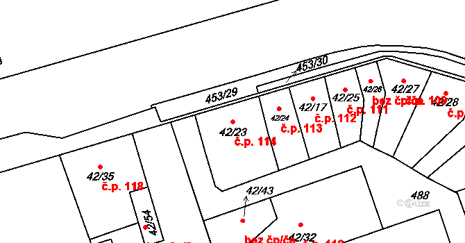 Dobšice 114 na parcele st. 42/23 v KÚ Dobšice u Žehuně, Katastrální mapa