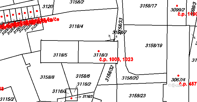 Přerov I-Město 1006,1023, Přerov na parcele st. 3118/3 v KÚ Přerov, Katastrální mapa