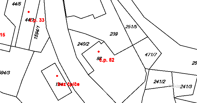 Hůrky 52, Lišov na parcele st. 88 v KÚ Hůrky u Lišova, Katastrální mapa