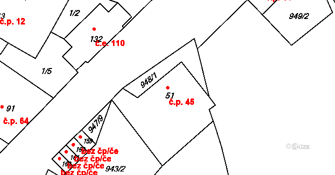 Růžená 45 na parcele st. 51 v KÚ Růžená, Katastrální mapa