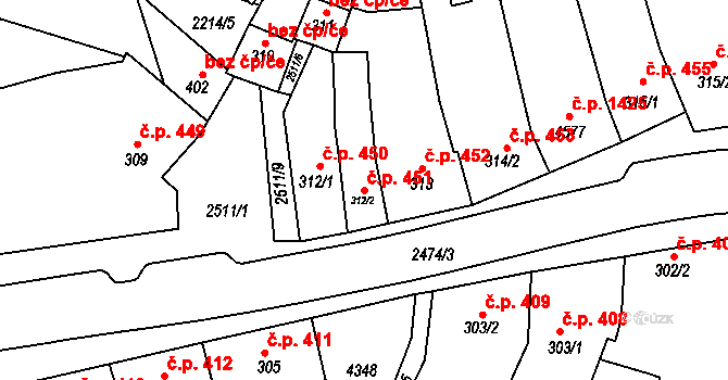 Kyjov 451 na parcele st. 312/2 v KÚ Kyjov, Katastrální mapa