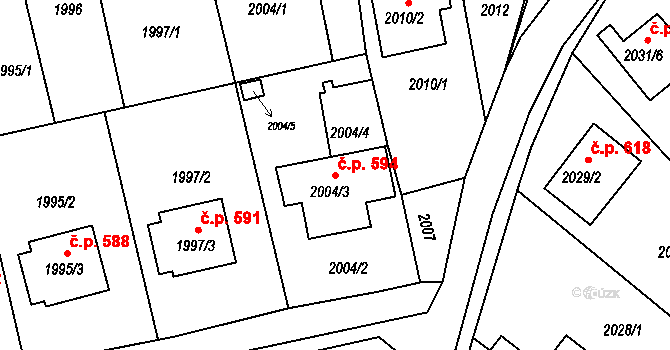 Útočiště 594, Klášterec nad Ohří na parcele st. 2004/3 v KÚ Klášterec nad Ohří, Katastrální mapa