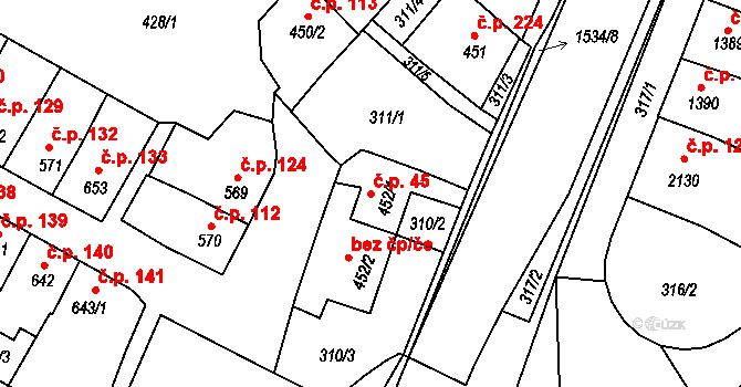 Stařečka 45, Třebíč na parcele st. 452/1 v KÚ Třebíč, Katastrální mapa