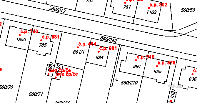 Podklášteří 901, Třebíč na parcele st. 834 v KÚ Podklášteří, Katastrální mapa