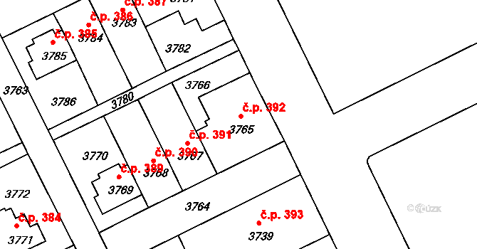 Záběhlice 392, Praha na parcele st. 3765 v KÚ Záběhlice, Katastrální mapa