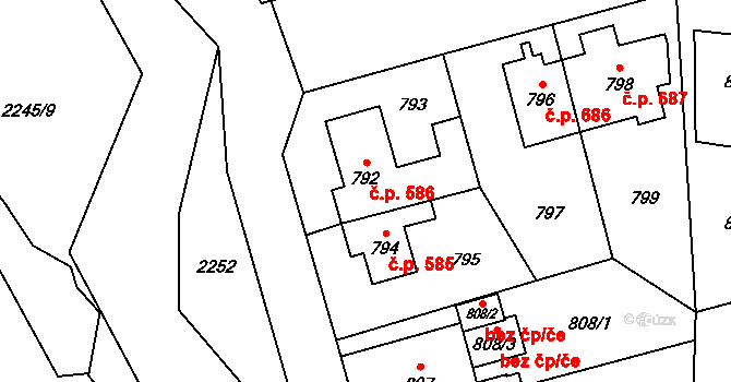 Hostivař 586, Praha na parcele st. 792 v KÚ Hostivař, Katastrální mapa
