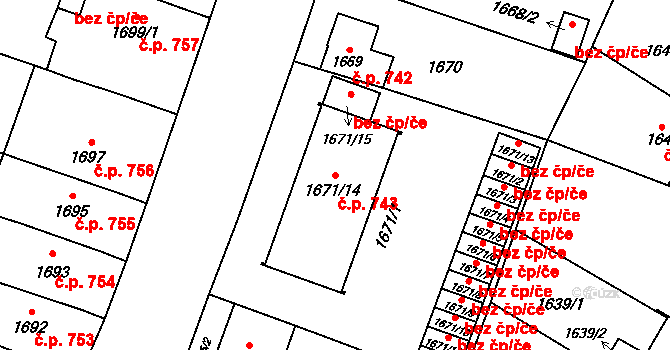 České Budějovice 7 743, České Budějovice na parcele st. 1671/14 v KÚ České Budějovice 7, Katastrální mapa