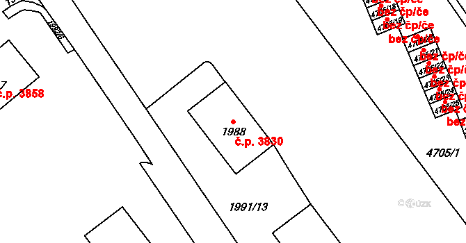 Chomutov 3830 na parcele st. 1988 v KÚ Chomutov I, Katastrální mapa