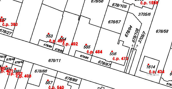 Rosice 484 na parcele st. 555 v KÚ Rosice u Brna, Katastrální mapa