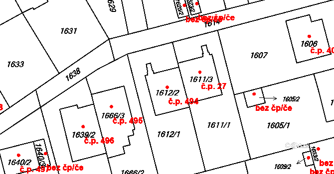 Velký Týnec 494 na parcele st. 1612/2 v KÚ Velký Týnec, Katastrální mapa