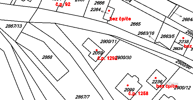 Rosice 1292 na parcele st. 2059 v KÚ Rosice u Brna, Katastrální mapa