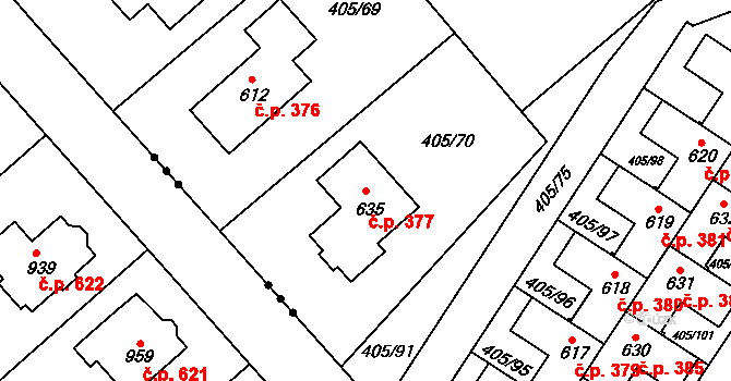 Kvasiny 377 na parcele st. 635 v KÚ Kvasiny, Katastrální mapa