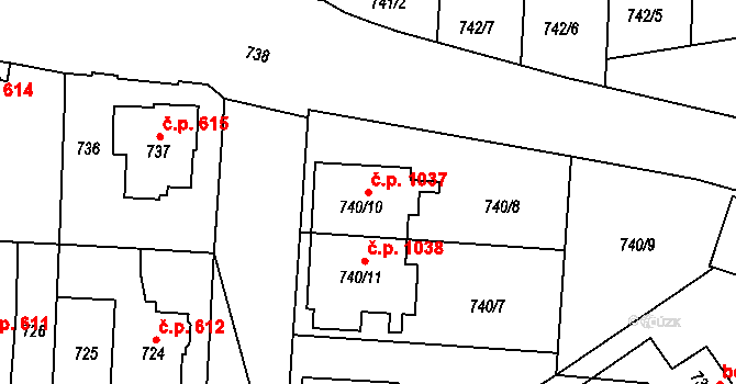 Jemnice 1037 na parcele st. 740/10 v KÚ Jemnice, Katastrální mapa