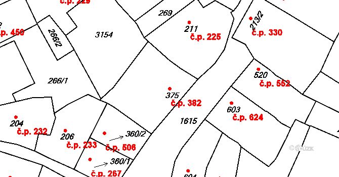Milevsko 382 na parcele st. 375 v KÚ Milevsko, Katastrální mapa