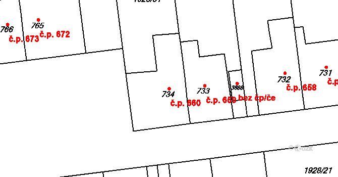 Choceň 660 na parcele st. 734 v KÚ Choceň, Katastrální mapa